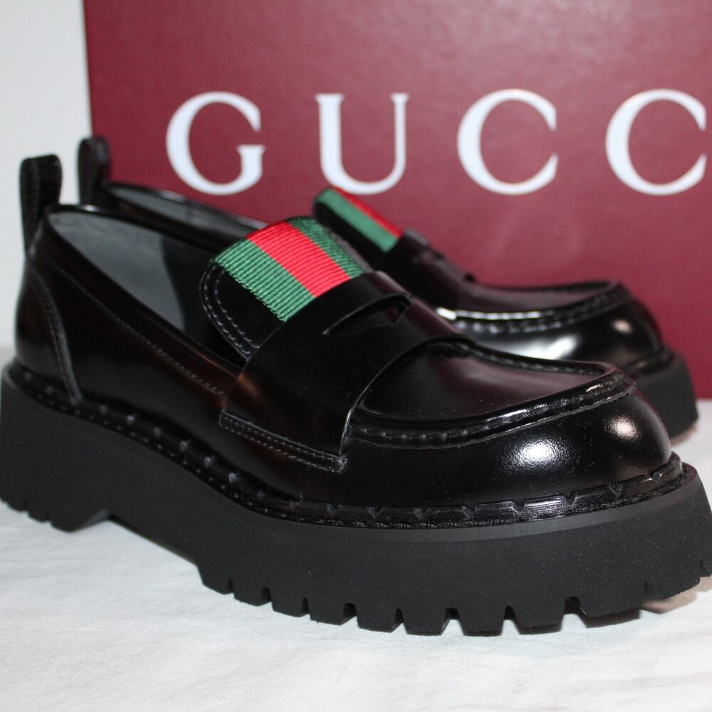 NWB GUCCI Lug Sole Penny Loafers Black Web Slip Ons 806399 - Picture 2 of 8